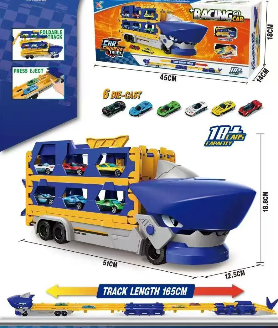 Caminhão Tubarão Cegonha Com Rampa Devorador De Carros + 6 CARRINHOS - Imagem 6