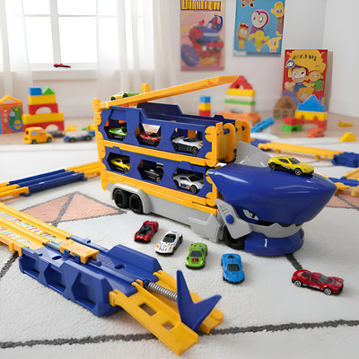 Caminhão Tubarão Cegonha Com Rampa Devorador De Carros + 6 CARRINHOS - Imagem 3