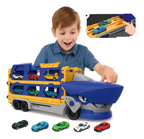 Caminhão Tubarão Cegonha Com Rampa Devorador De Carros + 6 CARRINHOS - Imagem 5