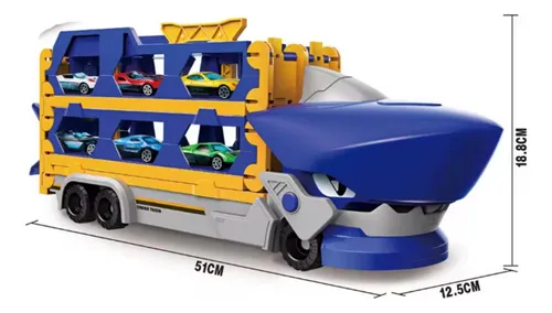 Caminhão Tubarão Cegonha Com Rampa Devorador De Carros + 6 CARRINHOS - Imagem 4